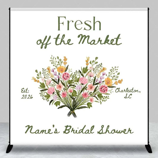 Lofaris Custom Bridal Shower Backdrop Fresh Off The Market Floral Heart White Minimalist Personalized Background