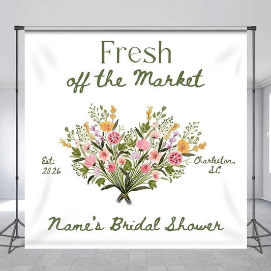 Lofaris Custom Bridal Shower Backdrop Fresh Off The Market Floral Heart White Minimalist Personalized Background
