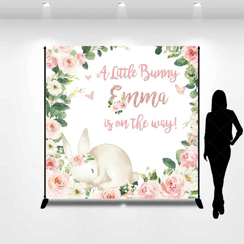 Lofaris Custom Bunny Baby Shower Backdrop Sleeping Rabbit and Pink Flower Wreath Newborn Girl Party Background