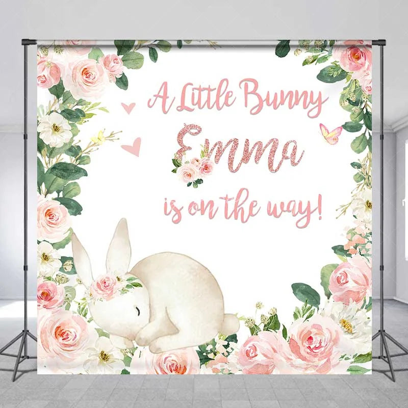 Lofaris Custom Bunny Baby Shower Backdrop Sleeping Rabbit and Pink Flower Wreath Newborn Girl Party Background