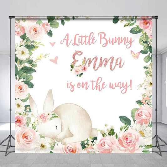 Lofaris Custom Bunny Baby Shower Backdrop Sleeping Rabbit and Pink Flower Wreath Newborn Girl Party Background