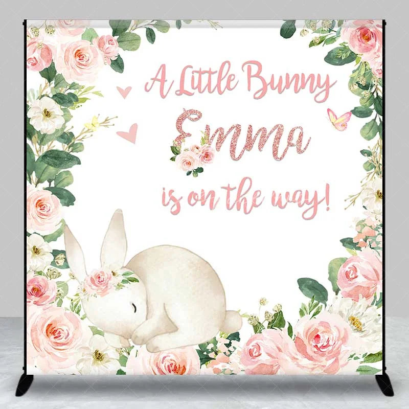 Lofaris Custom Bunny Baby Shower Backdrop Sleeping Rabbit and Pink Flower Wreath Newborn Girl Party Background