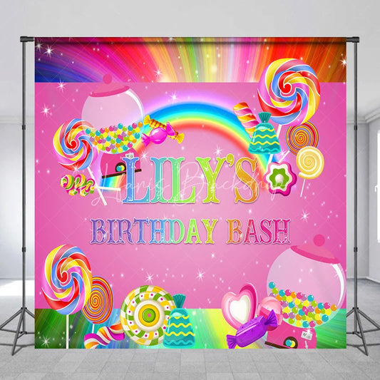 Lofaris Custom Candy Land Birthday Backdrop Featuring Colorful Lollipops and Gumballs Sweet Rainbow Party Decor
