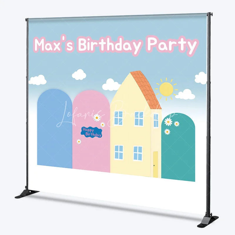 Lofaris Custom Cartoon House Birthday Backdrop Blue Pink Arches Sunny Hill Background Personalized Name Kids Party Decoration