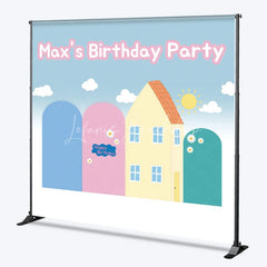 Lofaris Custom Cartoon House Birthday Backdrop Blue Pink Arches Sunny Hill Background Personalized Name Kids Party Decoration