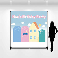 Lofaris Custom Cartoon House Birthday Backdrop Blue Pink Arches Sunny Hill Background Personalized Name Kids Party Decoration