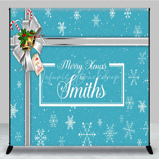 Lofaris Custom Christmas Backdrop Blue Snowflake Gift Box Design Silver Ribbon Jingle Bells Holiday Decor