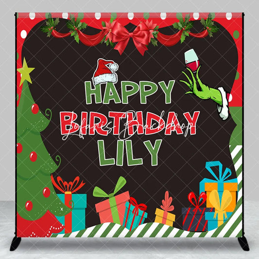 Lofaris Custom Christmas Birthday Backdrop with Grinch-like Hand Santa Hat and Presents Festive Party Decor