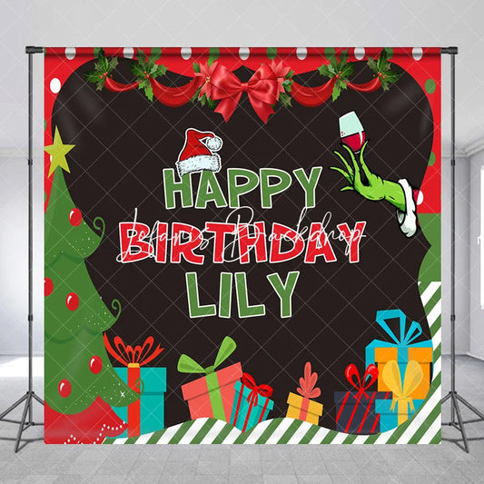 Lofaris Custom Christmas Birthday Backdrop with Grinch-like Hand Santa Hat and Presents Festive Party Decor