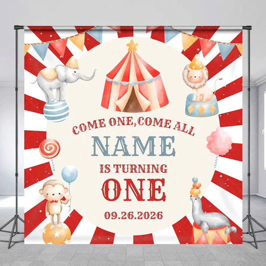 Lofaris Custom Circus Birthday Backdrop Red Striped Tent Animals Background Personalized Name Carnival Party Decoration