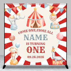 Lofaris Custom Circus Birthday Backdrop Red Striped Tent Animals Background Personalized Name Carnival Party Decoration