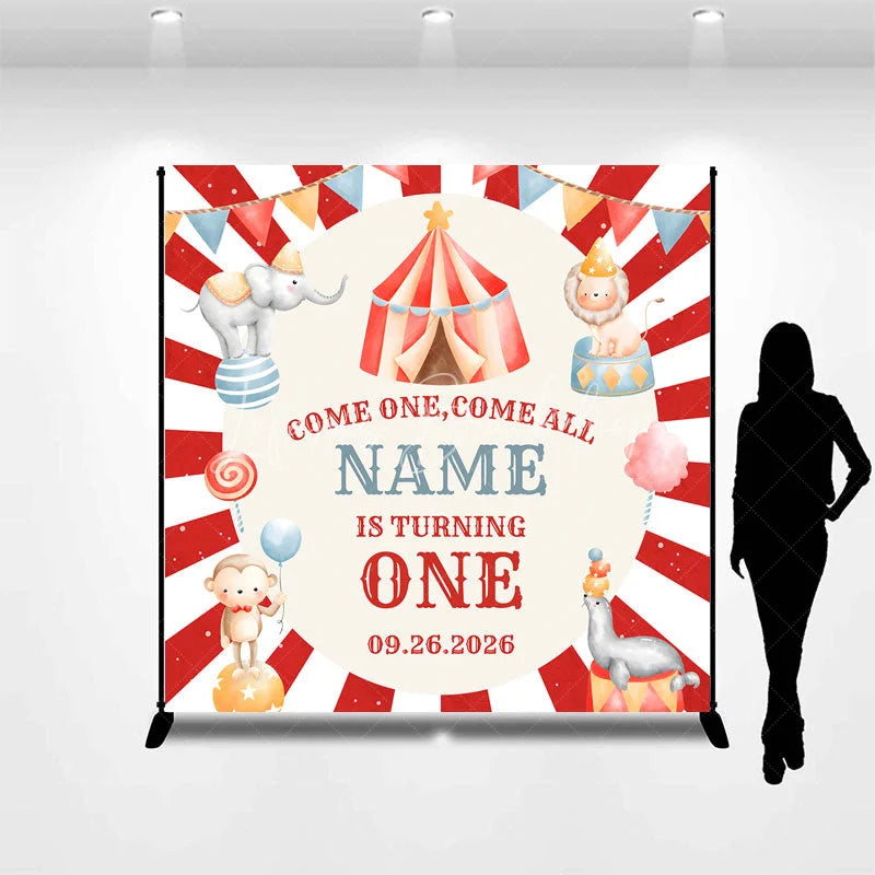 Lofaris Custom Circus Birthday Backdrop Red Striped Tent Animals Background Personalized Name Carnival Party Decoration