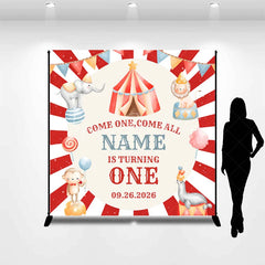 Lofaris Custom Circus Birthday Backdrop Red Striped Tent Animals Background Personalized Name Carnival Party Decoration
