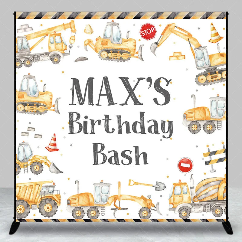 Lofaris Custom Construction Theme Birthday Backdrop with Yellow Vehicles and Personalized Name Kids Party Decor