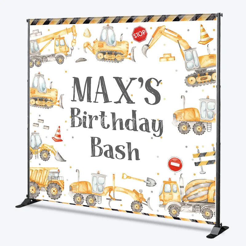 Lofaris Custom Construction Theme Birthday Backdrop with Yellow Vehicles and Personalized Name Kids Party Decor