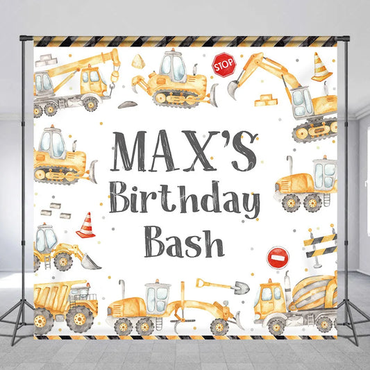Lofaris Custom Construction Theme Birthday Backdrop with Yellow Vehicles and Personalized Name Kids Party Decor
