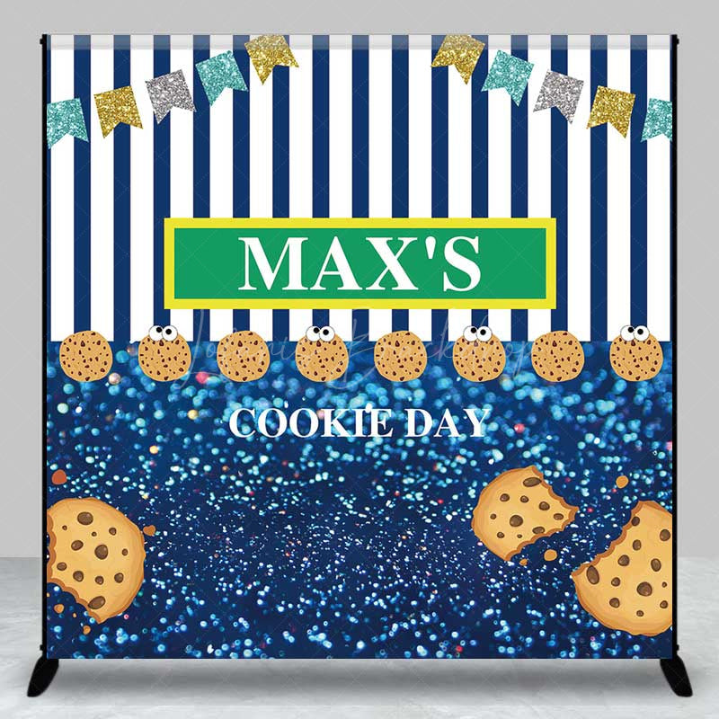 Lofaris Custom Cookie Day Birthday Party Backdrop Blue and White Stripes with Bunting Fun Monster Themed Photo Prop Decor