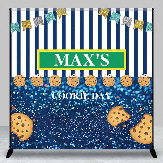 Lofaris Custom Cookie Day Birthday Party Backdrop Blue and White Stripes with Bunting Fun Monster Themed Photo Prop Decor