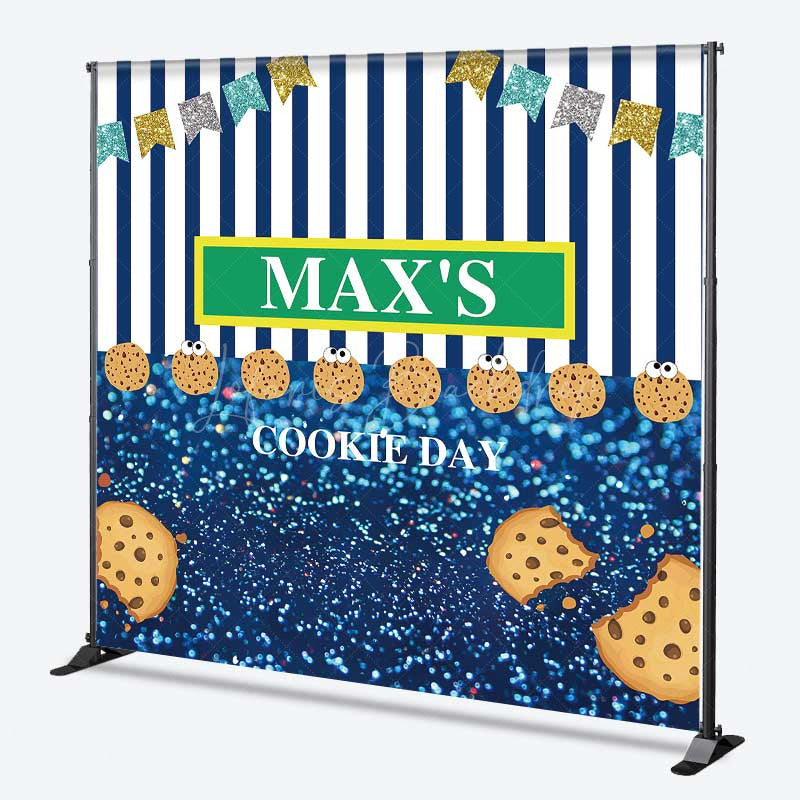 Lofaris Custom Cookie Day Birthday Party Backdrop Blue and White Stripes with Bunting Fun Monster Themed Photo Prop Decor