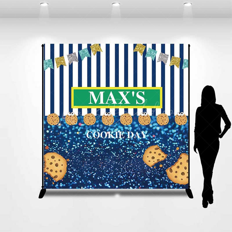 Lofaris Custom Cookie Day Birthday Party Backdrop Blue and White Stripes with Bunting Fun Monster Themed Photo Prop Decor