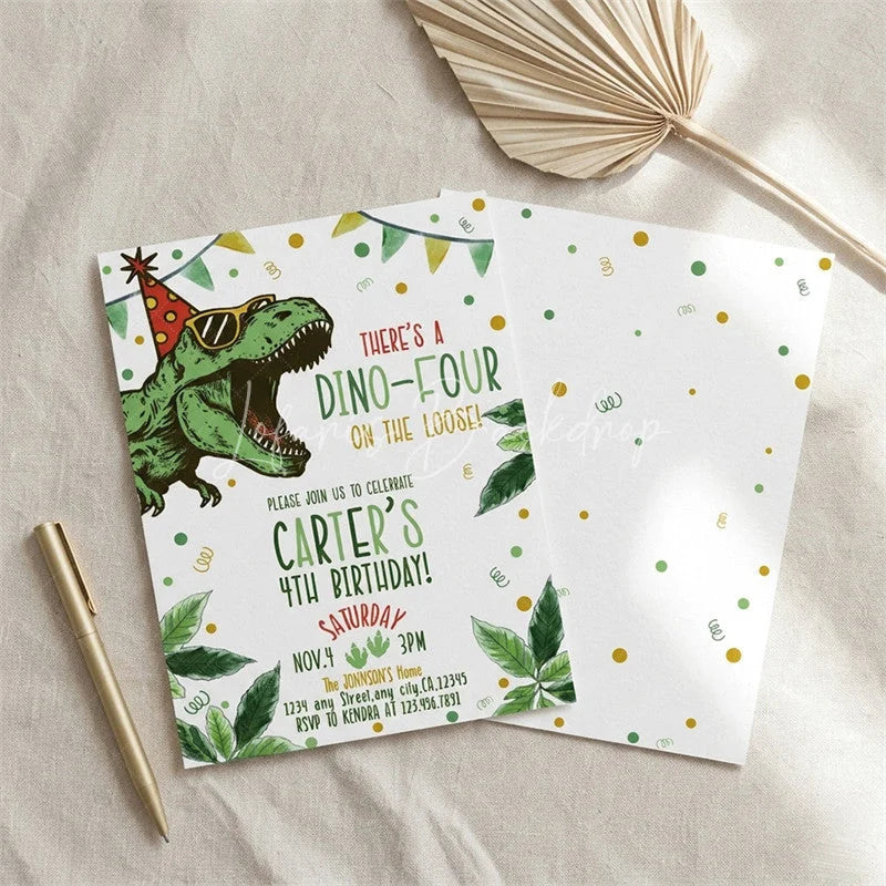 Lofaris Custom Dino Four Birthday Invitation Cute Dinosaur Party Card with Tropical Leaves and Confetti