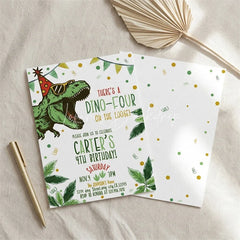 Lofaris Custom Dino Four Birthday Invitation Cute Dinosaur Party Card with Tropical Leaves and Confetti