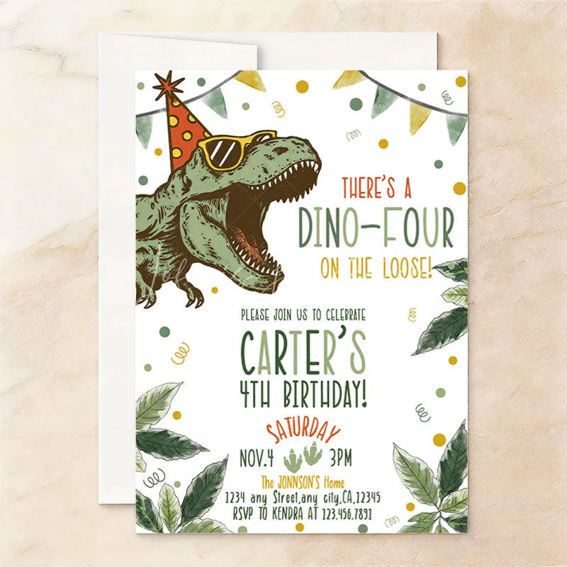 Lofaris Custom Dino Four Birthday Invitation Cute Dinosaur Party Card with Tropical Leaves and Confetti