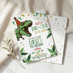 Lofaris Custom Dino Four Birthday Invitation Cute Dinosaur Party Card with Tropical Leaves and Confetti