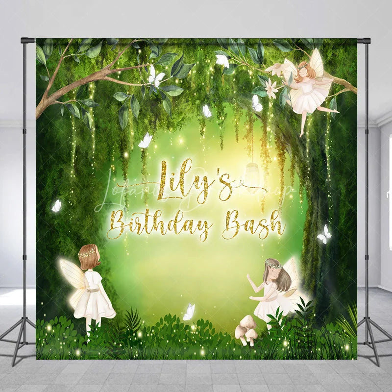 Lofaris Custom Fairy Forest Birthday Backdrop with Green Trees Butterflies and Glitter Lights Personalized Party Decor