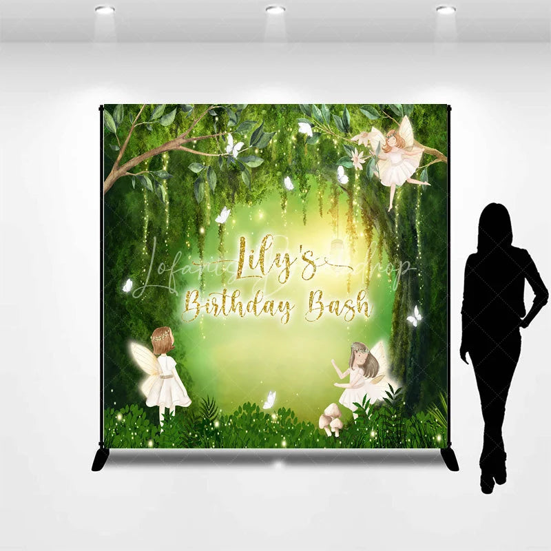 Lofaris Custom Fairy Forest Birthday Backdrop with Green Trees Butterflies and Glitter Lights Personalized Party Decor