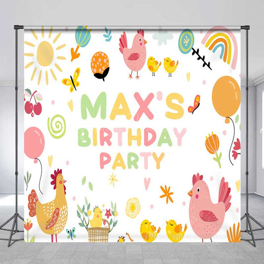Lofaris Custom Farm Friends Birthday Backdrop Cute Chicken and Chicks Party Banner Sunshine Rainbow Kids Photo Prop