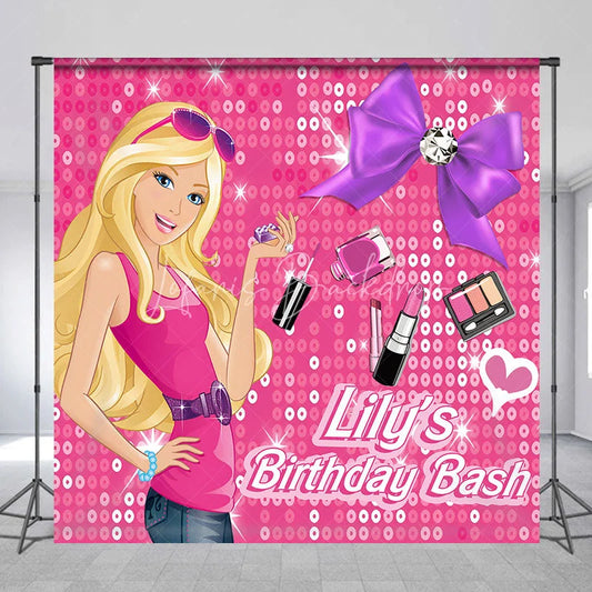 Lofaris Custom Fashion Doll Birthday Backdrop Hot Pink Sequins Makeup Bow Background Personalized Name Spa Party Decoration