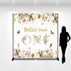 Lofaris Custom Floral Sweet One Birthday Backdrop with Glitter Text and Butterflies for Baby Girl First Party
