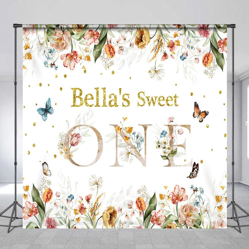 Lofaris Custom Floral Sweet One Birthday Backdrop with Glitter Text and Butterflies for Baby Girl First Party