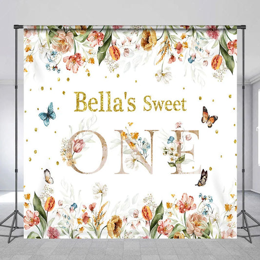 Lofaris Custom Floral Sweet One Birthday Backdrop with Glitter Text and Butterflies for Baby Girl First Party