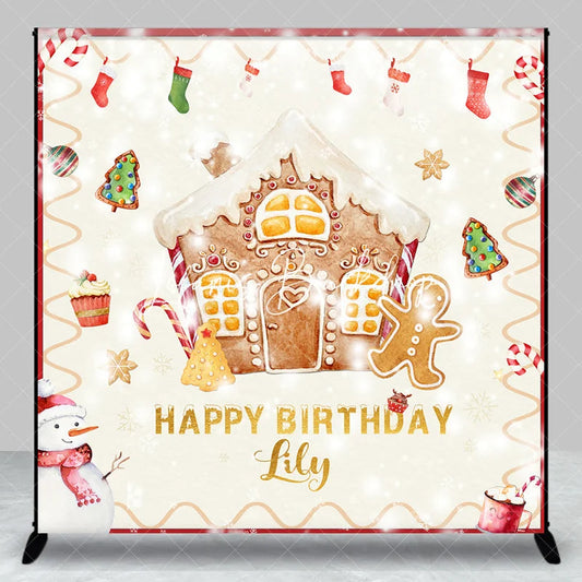 Lofaris Custom Gingerbread House and Snowman Happy Birthday Backdrop with Candy Canes Winter Christmas Party Decor