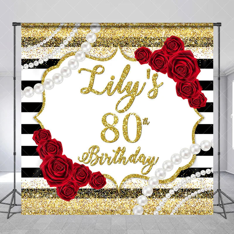 Lofaris Custom Gold Glitter Black Stripes 80th Birthday Backdrop with Red Roses and Pearls Elegant Party Decor