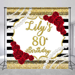 Lofaris Custom Gold Glitter Black Stripes 80th Birthday Backdrop with Red Roses and Pearls Elegant Party Decor