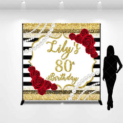 Lofaris Custom Gold Glitter Black Stripes 80th Birthday Backdrop with Red Roses and Pearls Elegant Party Decor