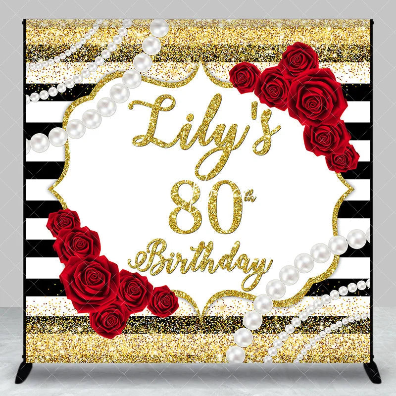 Lofaris Custom Gold Glitter Black Stripes 80th Birthday Backdrop with Red Roses and Pearls Elegant Party Decor
