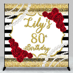 Lofaris Custom Gold Glitter Black Stripes 80th Birthday Backdrop with Red Roses and Pearls Elegant Party Decor