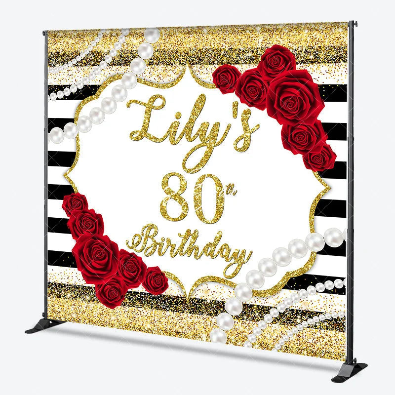 Lofaris Custom Gold Glitter Black Stripes 80th Birthday Backdrop with Red Roses and Pearls Elegant Party Decor