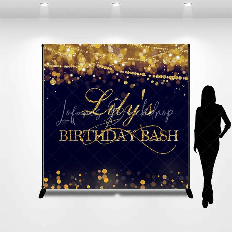 Lofaris Custom Gold Glitter Bokeh String Lights Birthday Backdrop Dark Blue Personalized Name Party Bash Decor