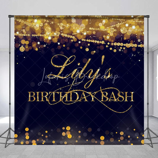 Lofaris Custom Gold Glitter Bokeh String Lights Birthday Backdrop Dark Blue Personalized Name Party Bash Decor