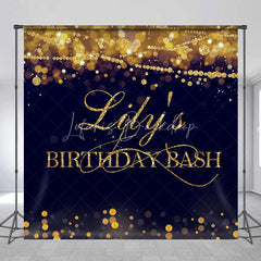 Lofaris Custom Gold Glitter Bokeh String Lights Birthday Backdrop Dark Blue Personalized Name Party Bash Decor