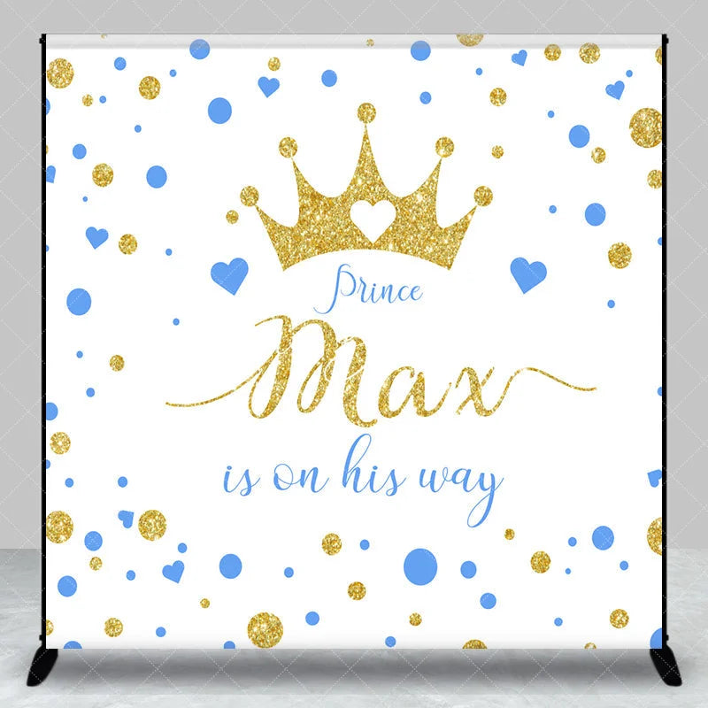 Lofaris Custom Gold Glitter Prince Baby Shower Backdrop with Blue Hearts Gender Reveal Decor