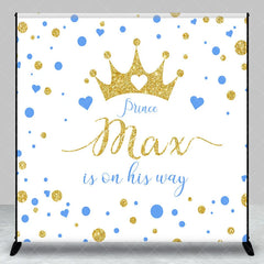 Lofaris Custom Gold Glitter Prince Baby Shower Backdrop with Blue Hearts Gender Reveal Decor
