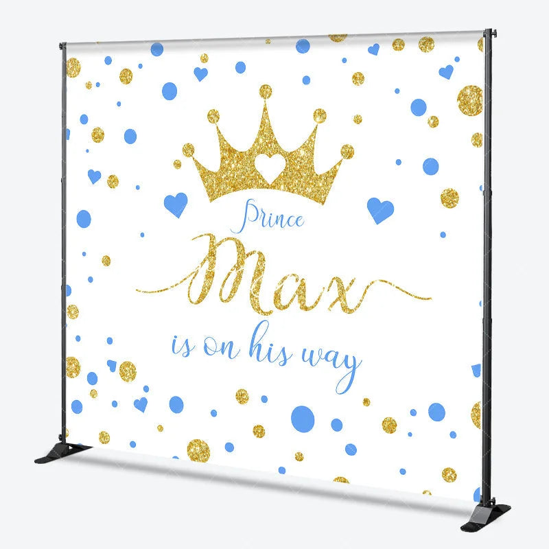 Lofaris Custom Gold Glitter Prince Baby Shower Backdrop with Blue Hearts Gender Reveal Decor