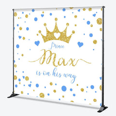 Lofaris Custom Gold Glitter Prince Baby Shower Backdrop with Blue Hearts Gender Reveal Decor