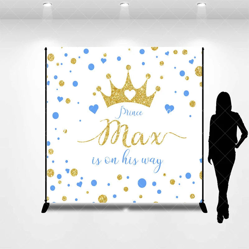Lofaris Custom Gold Glitter Prince Baby Shower Backdrop with Blue Hearts Gender Reveal Decor